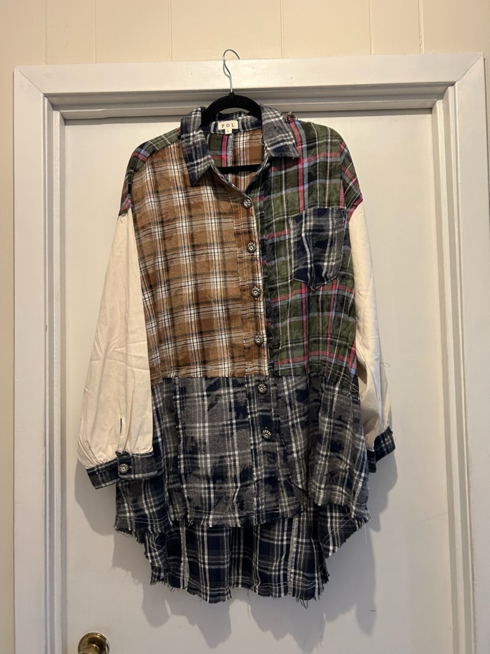 POL Patchwork Plaid Button-Down Shirt in Brown, Green, Navy & Cream